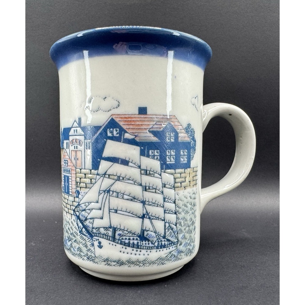 Vintage Stoneware Mug Tall Ship Harbor Nautical Coastal Blue White Coffee Cup